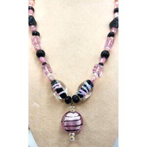 Pink & Black Beaded Necklace With Pendant - Black /White Stripes